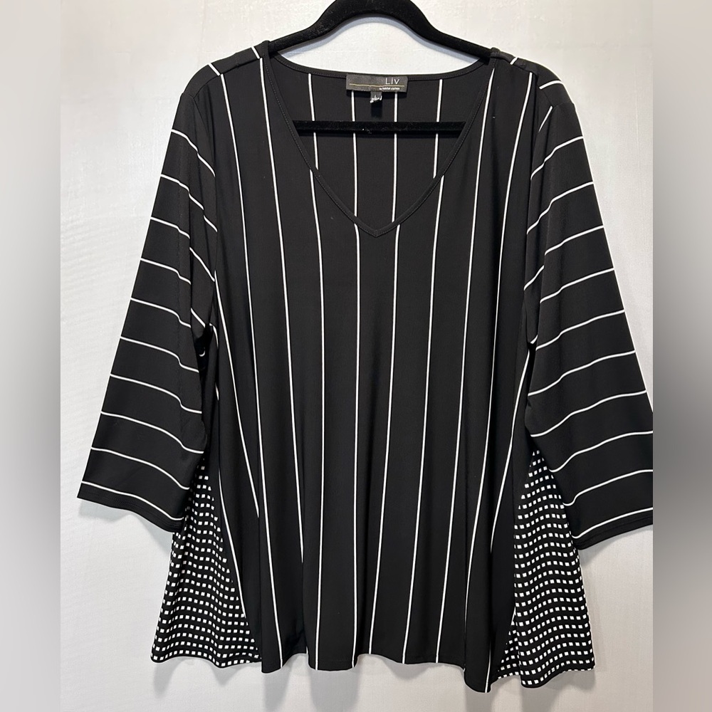Habitat Black & White Striped V-Neck Knit Tunic Top Size L Artsy Modern Boho